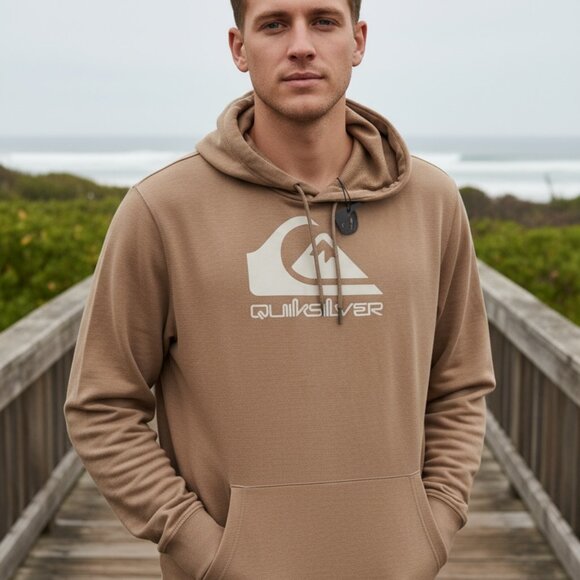Quiksilver Hoodie Mens LG Fawn Tan Prints Gridliner Pullover Logo QA34KT027 NWT - Picture 1 of 12
